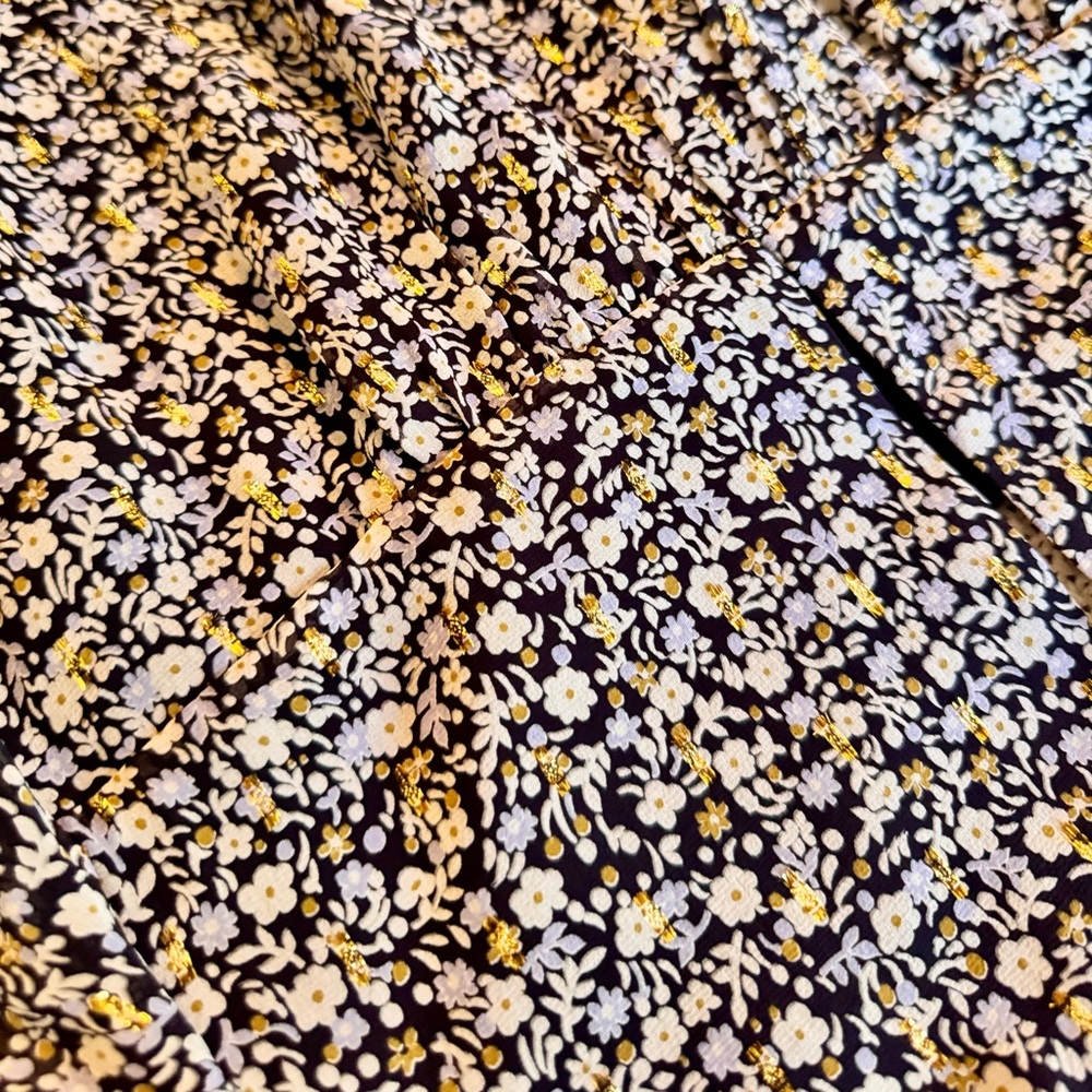 J. CREW Chiffon Silk Gold Metallic Black & White Blouse Floral Top - Picture 13 of 16